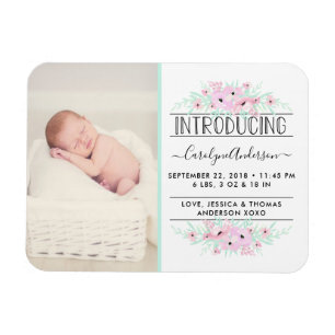 Chic Mint Green & Pink Flowers Birth Announding Magneet