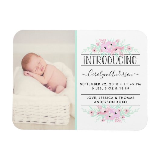 Chic Mint Green & Pink Flowers Birth Announding Magneet (Horizontaal)