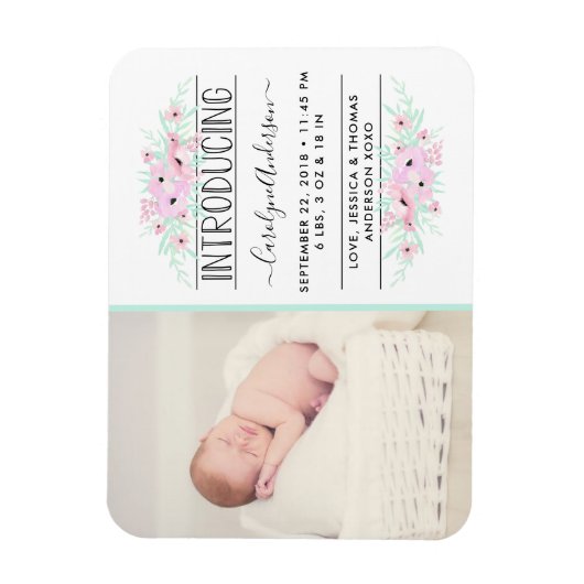 Chic Mint Green & Pink Flowers Birth Announding Magneet (Verticaal)