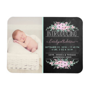 Chic Mint Green & Pink Flowers Birth Announding Magneet