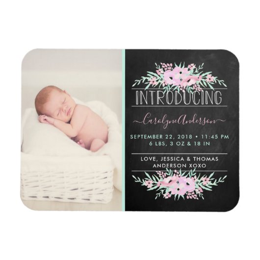 Chic Mint Green & Pink Flowers Birth Announding Magneet (Horizontaal)
