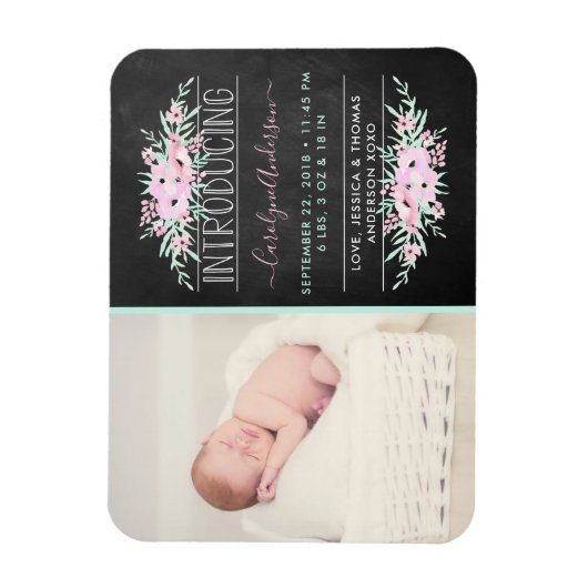 Chic Mint Green & Pink Flowers Birth Announding Magneet (Verticaal)