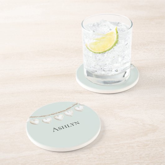 Chic Mint Green White Hearts Zandsteen Onderzetter (Zijkant)