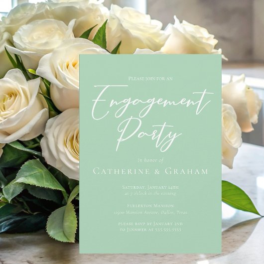 Chic Mint Green White Script Engagement Party Kaart