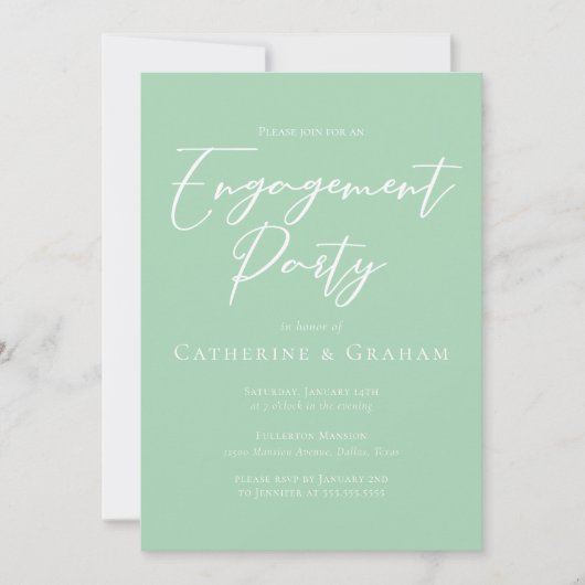 Chic Mint Green White Script Engagement Party Kaart (Voorkant)