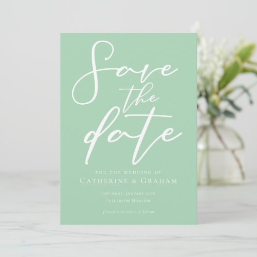 Chic Mint Green White Typography Spring Save The Date (Staand voorkant)