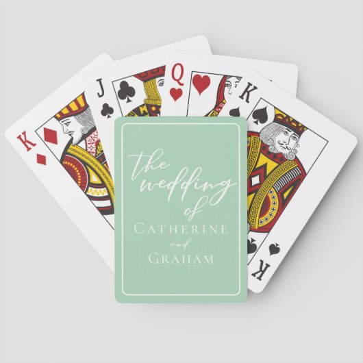 Chic Mint Groen Wit Gepersonaliseerde bruiloft Pokerkaarten (Achterkant)