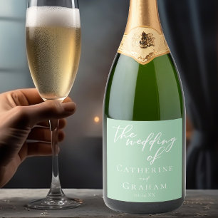 Chic Mint Groen Wit Gepersonaliseerde bruiloft Sparkling Wijnetiket