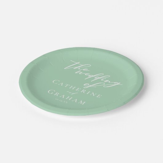 Chic Mint Groen Wit Script Gepersonaliseerde bruil Papieren Bordje (Gekanteld)