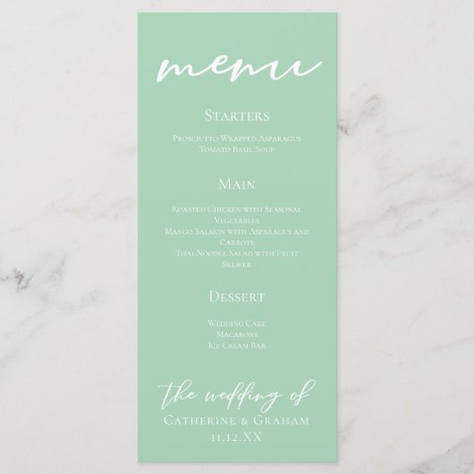 Chic Mint Groen Wit Typografie Trouwdiner Menu (Voorkant)