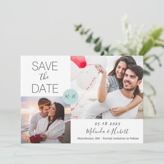 Chic Mint Monogram Weddenschap Foto slaat de datum Save The Date (Staand voorkant)
