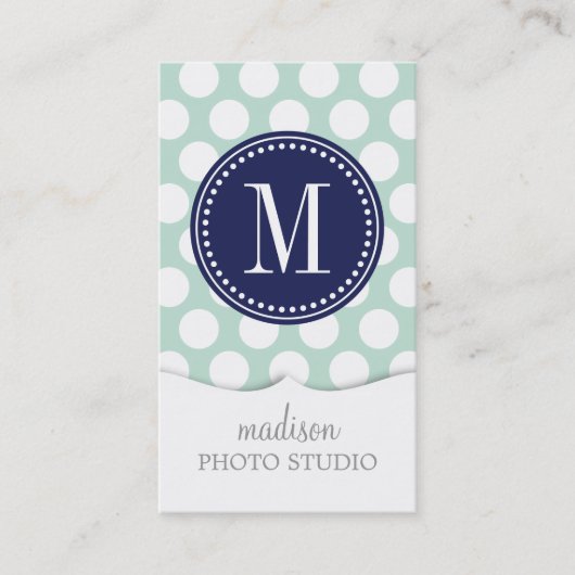 Chic Mint & Navy Big Stippen Monogrammed Visitekaartje (Voorkant)