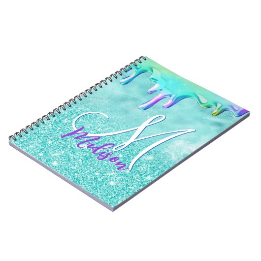 Chic mint ombre glitter unicorn druppelt monogram notitieboek (Linkerzijde)