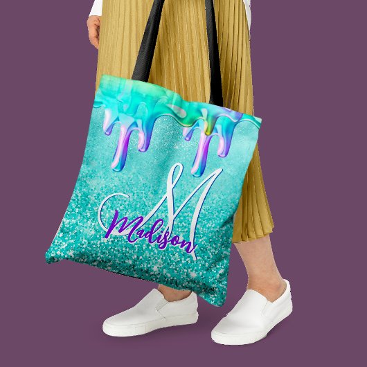 Chic mint ombre glitter unicorn druppelt monogram tote bag
