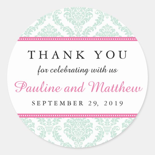 Chic Mint & Pink Damask Wedding Ronde Sticker (Voorkant)