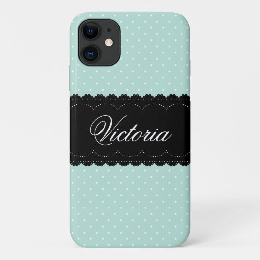 Chic Mint Polka Dots Black Design Custom Name Case-Mate iPhone Case (Achterkant)