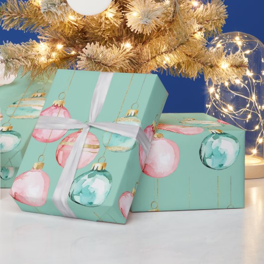 Chic Mint Roze Gouden Kerst Ornamenten Cadeaupapier (Feestdagen)