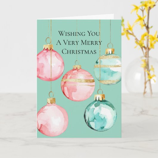 Chic Mint Roze Gouden Kerst Ornamenten Kaart (Gele Bloem)