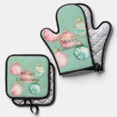 Chic Mint Roze Gouden Kerst Ornamenten Ovenwant & Pannenlap Set (Voorkant / Achterkant)
