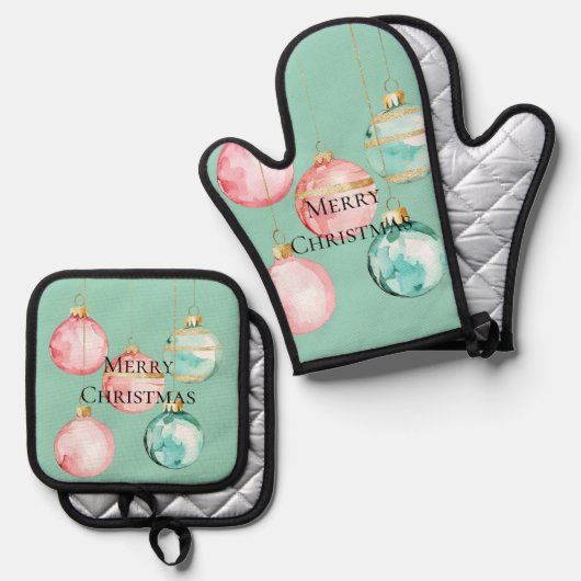 Chic Mint Roze Gouden Kerst Ornamenten Ovenwant & Pannenlap Set (Voorkant / Achterkant)