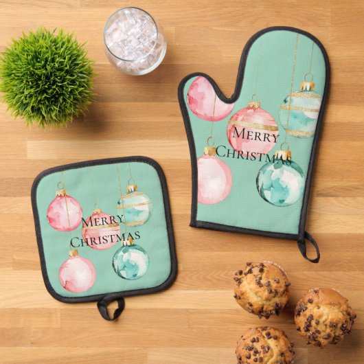 Chic Mint Roze Gouden Kerst Ornamenten Ovenwant & Pannenlap Set (Top down)