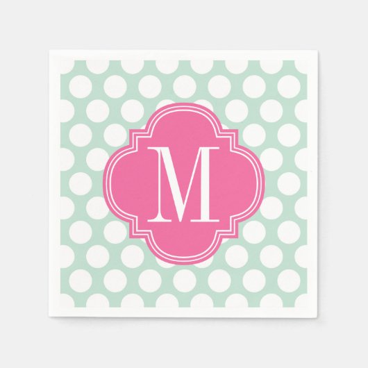Chic Mint & Roze Grote Stippen Monogrammed Servet (Voorkant)