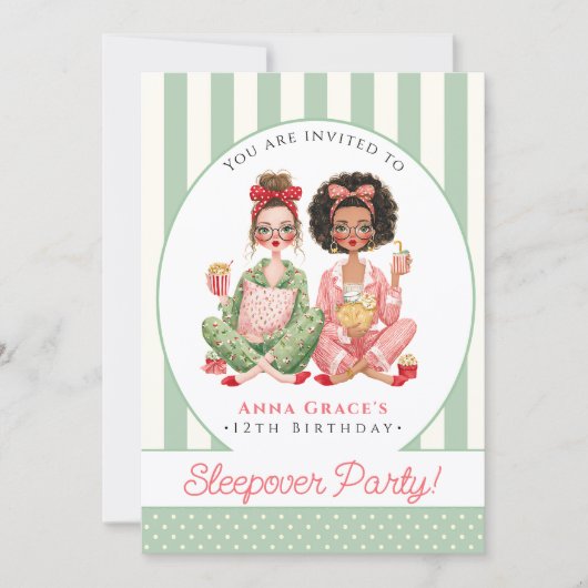 Chic Mint Stripe Girls Sleepover Birthday Kaart (Voorkant)