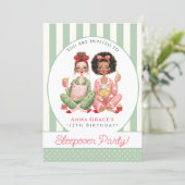 Chic Mint Stripe Girls Sleepover Birthday Kaart (Staand voorkant)
