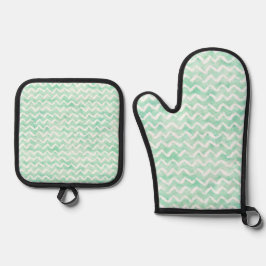 Chic Mint Waterverf Chevron Stripes Ovenwant & Pannenlap Set