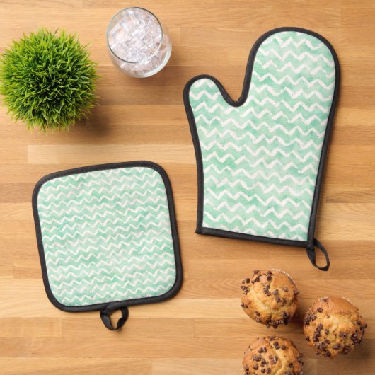 Chic Mint Waterverf Chevron Stripes Ovenwant & Pannenlap Set (Top down)