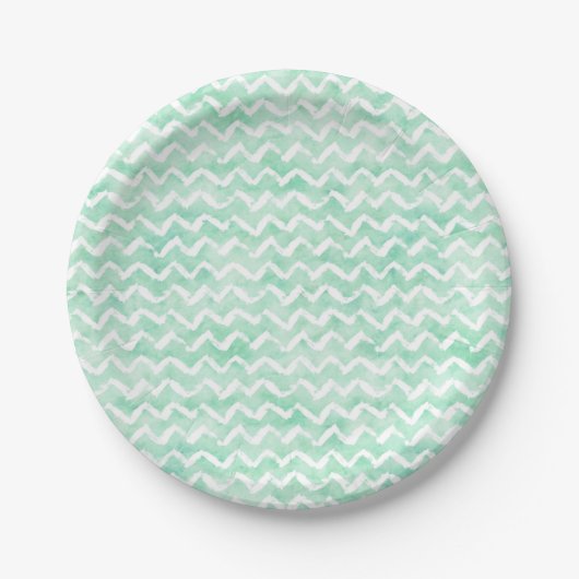 Chic Mint Waterverf Chevron Stripes Papieren Bordje (Voorkant)