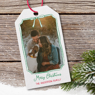 Chic Mistletoe & Bow Custom Familie Foto Kerstmis Cadeaulabel