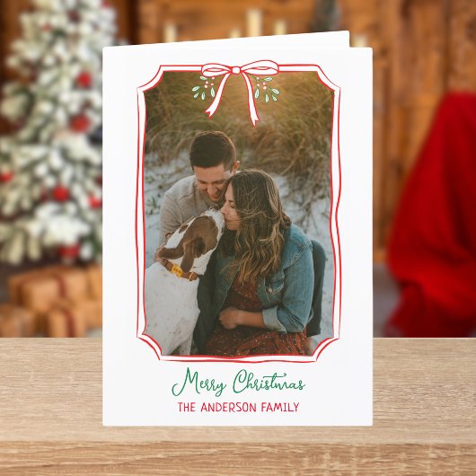 Chic Mistletoe & Bow Custom Familie Foto Kerstmis Feestdagen Kaart