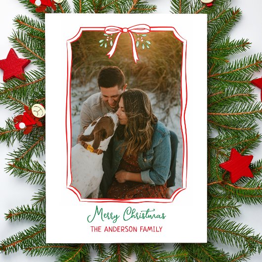 Chic Mistletoe & Bow Custom Familie Foto Kerstmis Feestdagenkaart