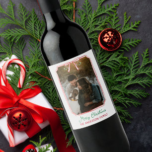 Chic Mistletoe & Bow Custom Familie Foto Kerstmis Wijn Etiket