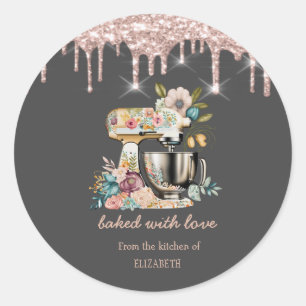 Chic Mixer Bloemen Roze Goud Druppels Bakkerij Ronde Sticker