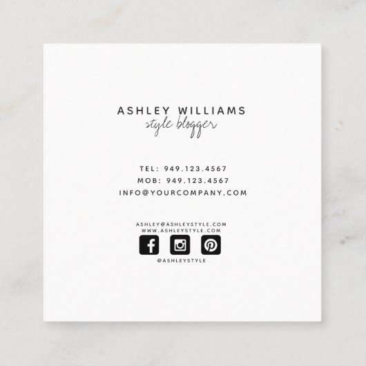 Chic Mode Blogger, stijlvol Mode Model Square Vierkante Visitekaartje (Achterkant)