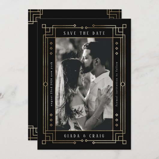 Chic Modern Art Deco Faux Gold Black Opslaan datum Aankondiging (Voorkant / Achterkant)