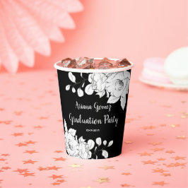 Chic Modern Black and White Floral Afstuderen Papieren Bekers