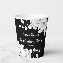 Chic Modern Black and White Floral Afstuderen Papieren Bekers