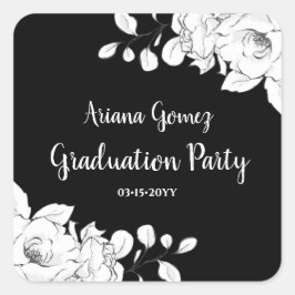 Chic Modern Black and White Floral Afstuderen Vierkante Sticker