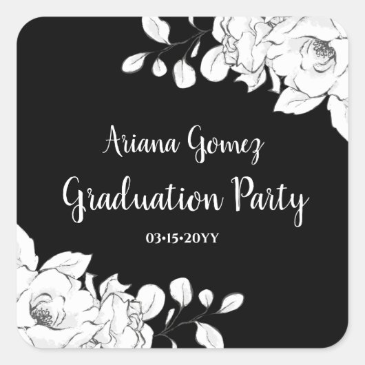 Chic Modern Black and White Floral Afstuderen Vierkante Sticker (Voorkant)