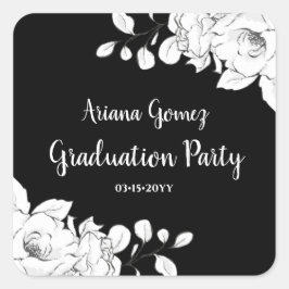 Chic Modern Black and White Floral Afstuderen Vierkante Sticker