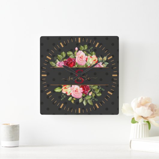 Chic Modern Black Polka Dot. en Rozen gepersonalis Vierkante Klok (Huis)