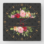 Chic Modern Black Polka Dot. en Rozen gepersonalis Vierkante Klok (Voorkant)
