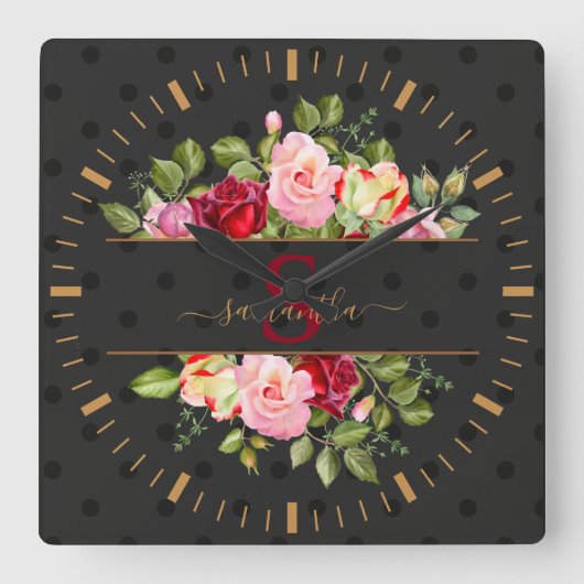 Chic Modern Black Polka Dot. en Rozen gepersonalis Vierkante Klok (Voorkant)