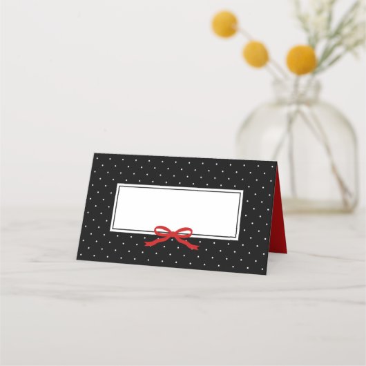 Chic Modern Black Polka Dot met Rood Lint Plaatskaartje (Voorkant)