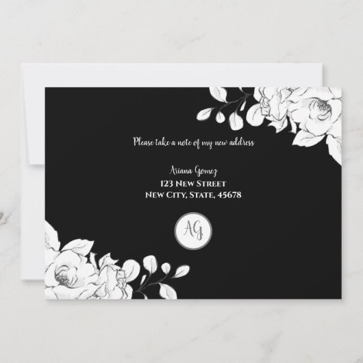 Chic Modern Black White Floral ik heb me verplaats Aankondiging (Achterkant)