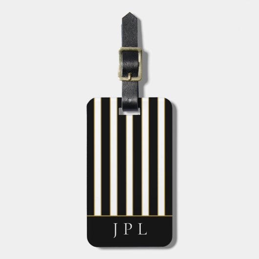 Chic Modern Black White Gold Striped Monogram Lugg Bagagelabel (Voorkant verticaal)