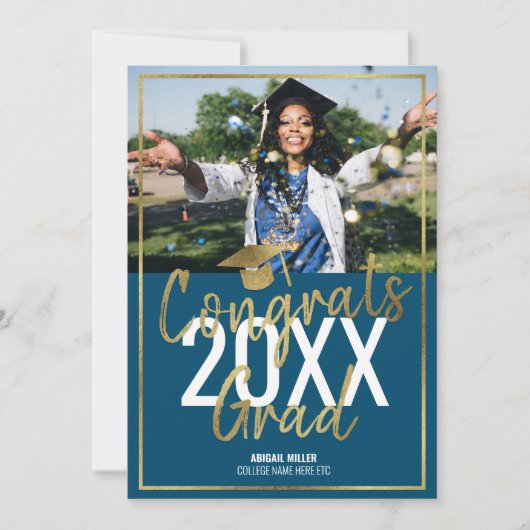 Chic modern blauw en Gold Script-Afstuderen Aankondiging (Voorkant)